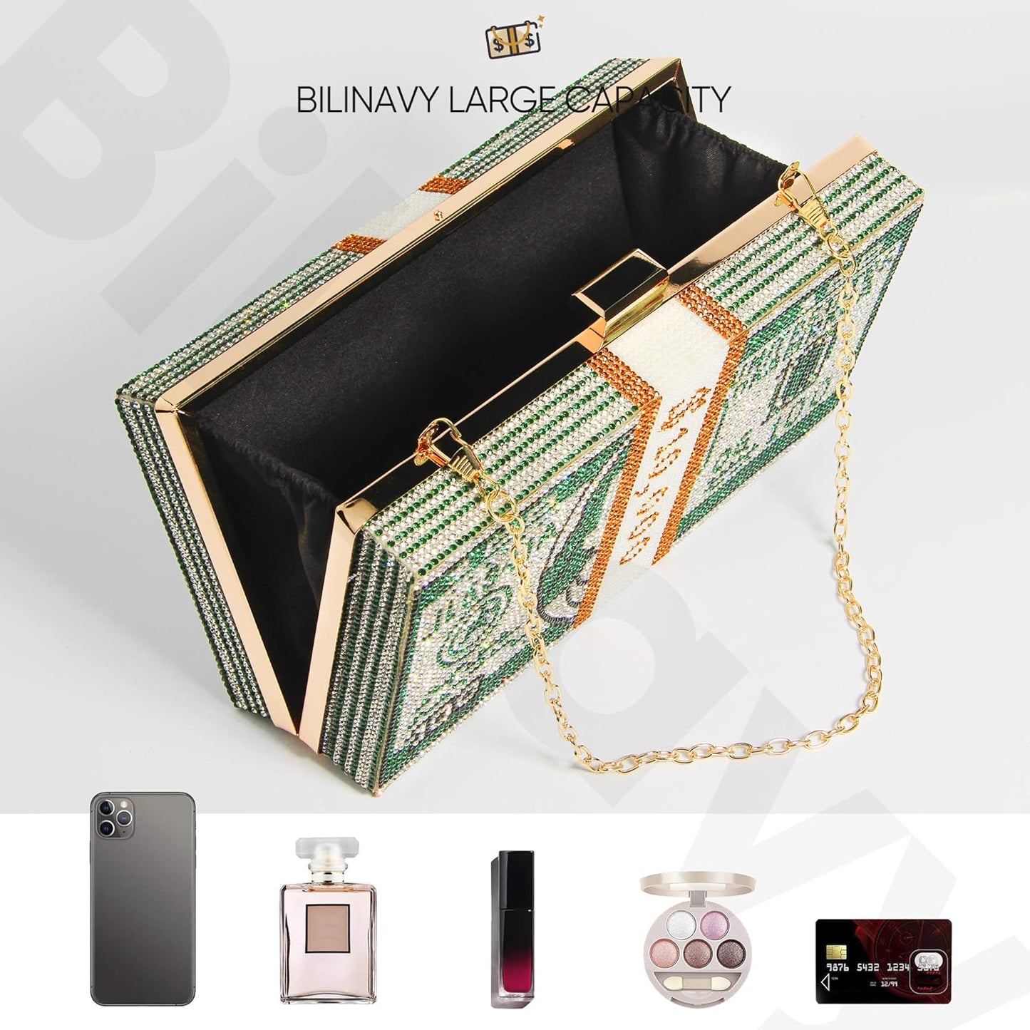Money Clutch Purses for Women, Stack of Cash Dollars Crystal Clutch Purses, Women Diamond Evening Bags Party Cocktail Rhinestone Handbags, Wedding Dinner Bag, Green