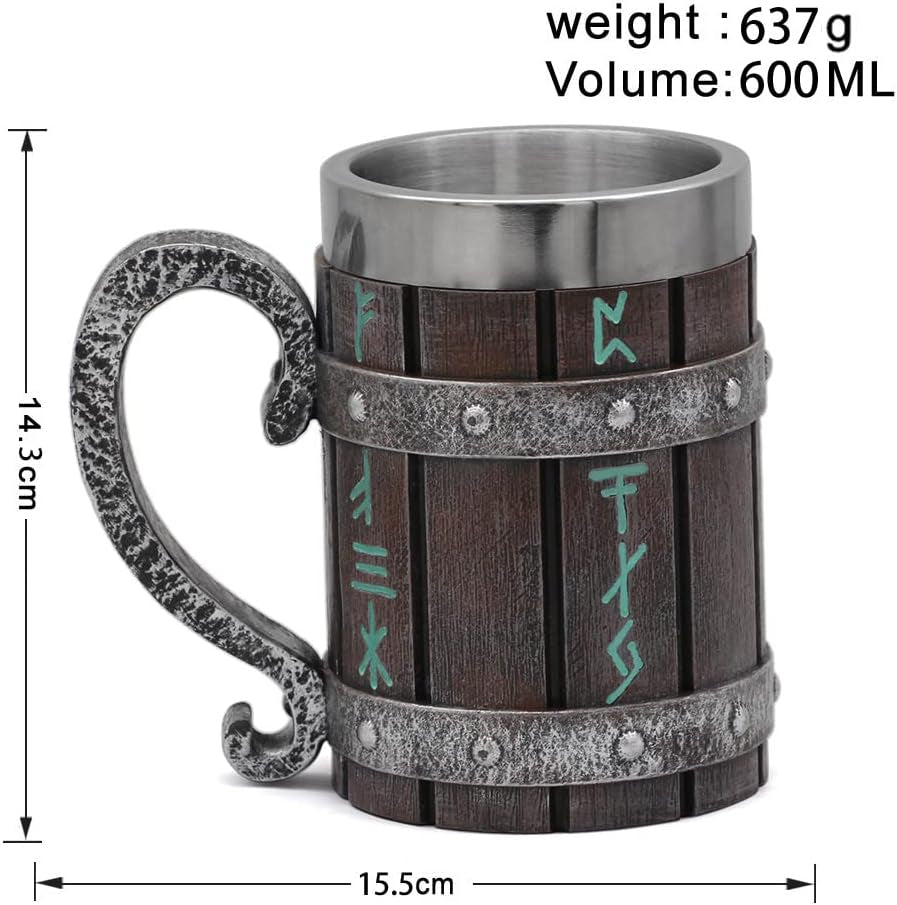 Norse Decor Stainless Steel Wooden Viking Coffee Cool Mug Viking Gift for Men Beer Cup Stein