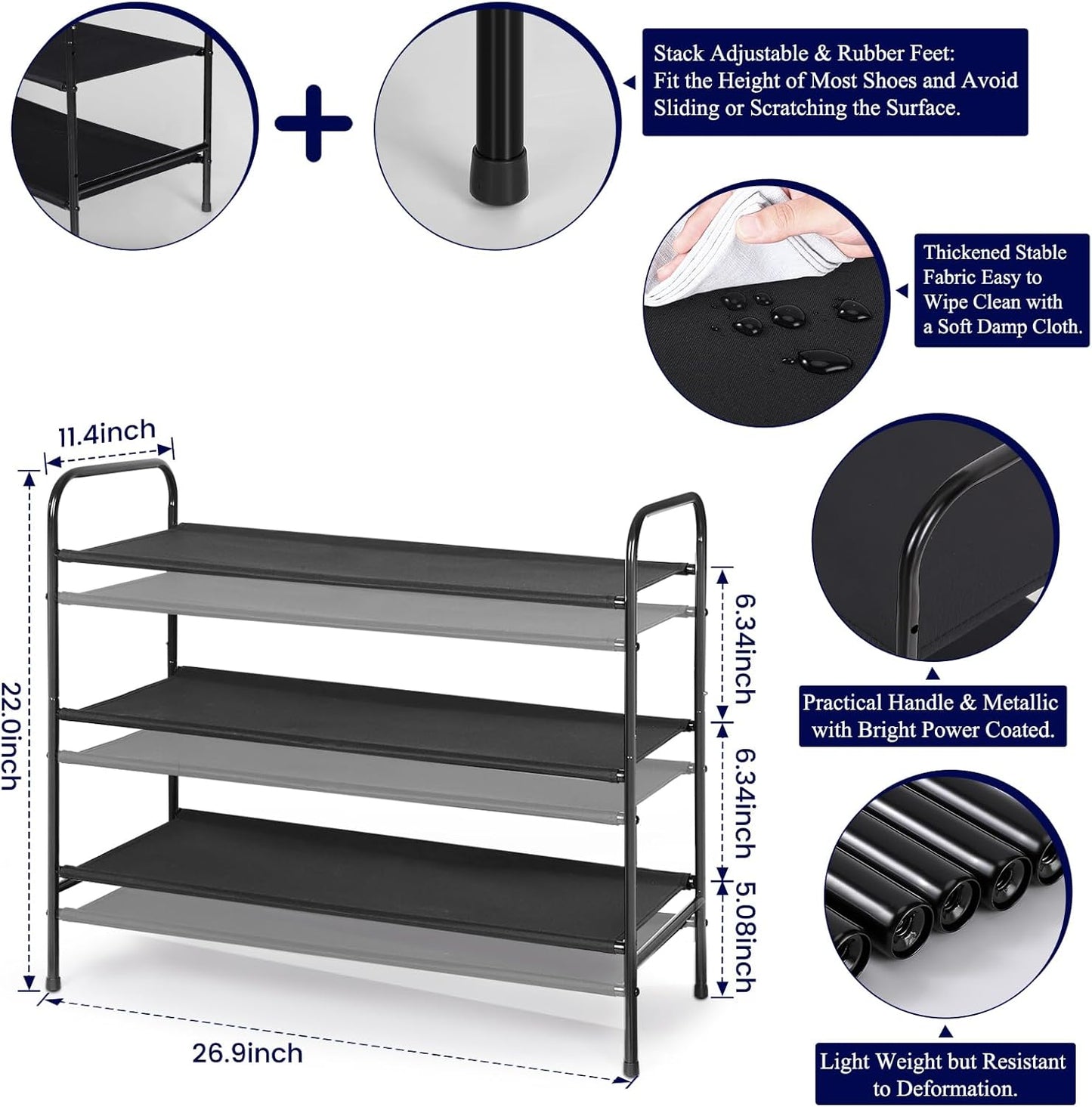 3 Tier Free Standing Shoe Rack, Metal Shoe Storage Shelf for 9-12 Pairs, Easy to Assemble, Entryway, Bedroom, Black