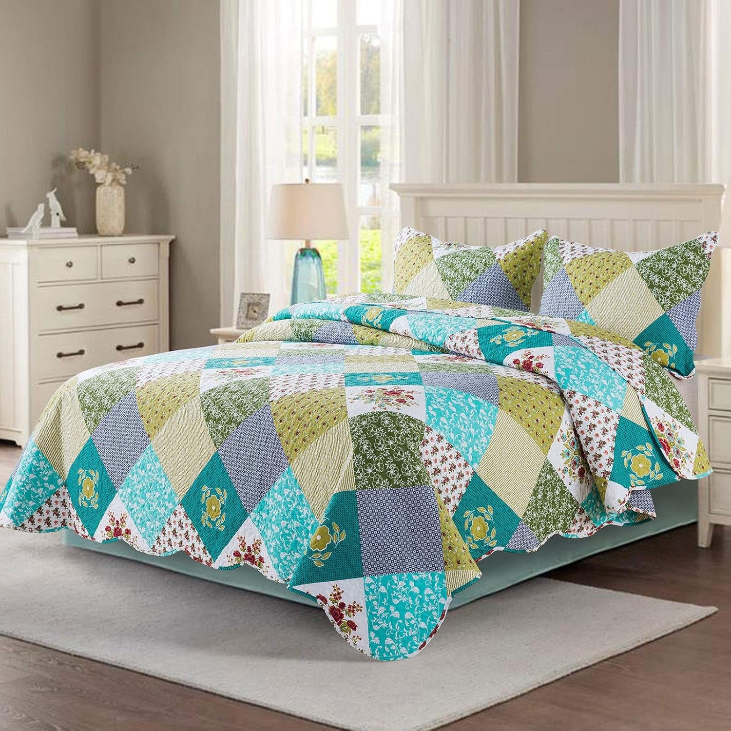 Quilt Set King Size - 3 Piece Microfiber Bedspread Reversible Coverlet Patchwork Bedding Set Lightweight Bedcover Floral Bedspreads All Season Quilts-Turquoise