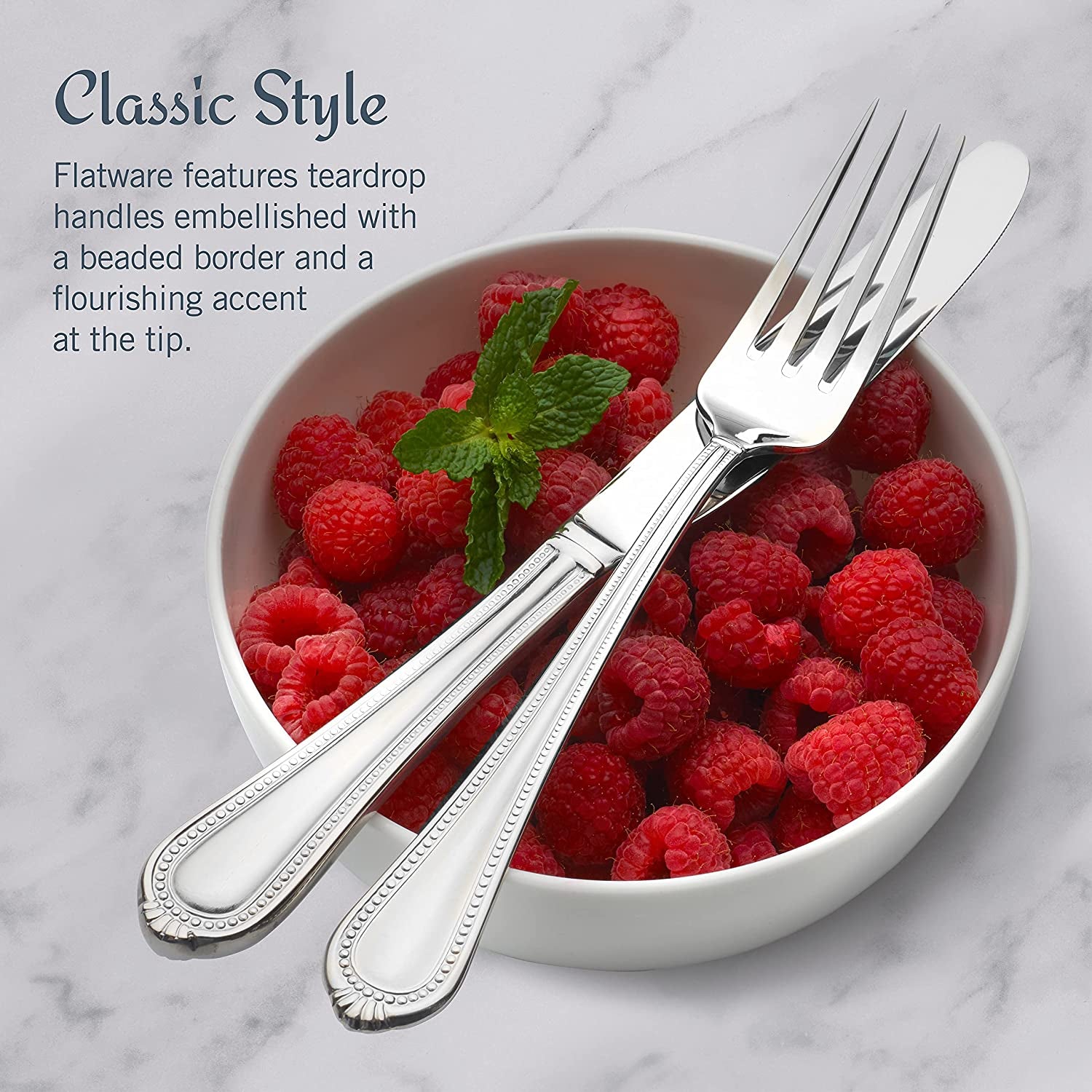 Regent Bead 65-Piece Flatware Set for 12, 18/10 Stainless Steel Silverware with Full Service and Serving Utensils, Classic Beaded Edge Design