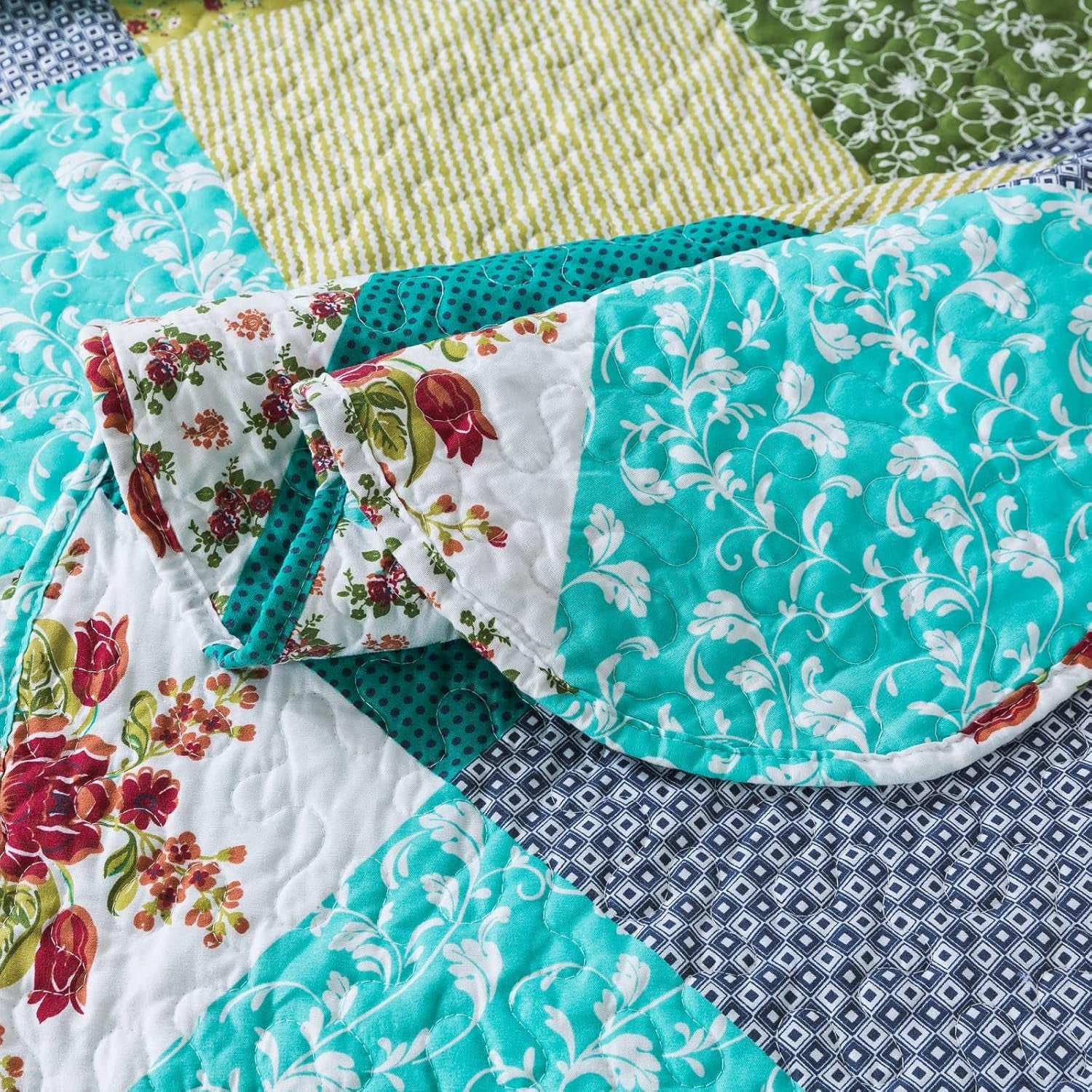 Quilt Set King Size - 3 Piece Microfiber Bedspread Reversible Coverlet Patchwork Bedding Set Lightweight Bedcover Floral Bedspreads All Season Quilts-Turquoise