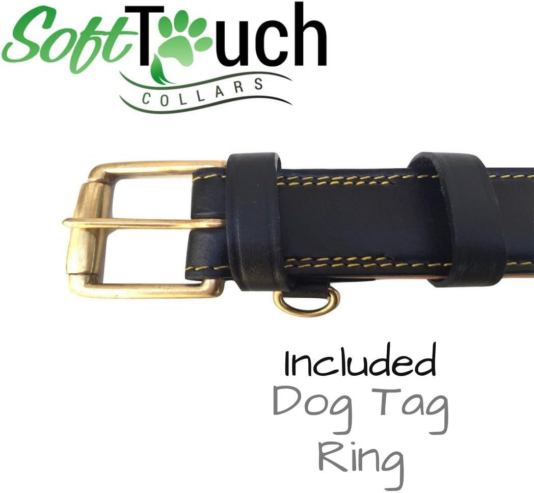 Black Leather Padded Dog Collar, Size Medium, 20" Long X 1" Wide, Neck Size 14.5" to 17.5" Inches