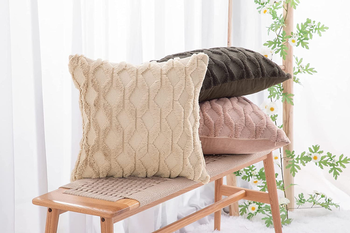 Set of 2 Soft Polyester Short Wool Velvet Decorative Throw Pillow Covers 26X26 Inch Light Brown Square Luxury Style Cushion Cases European Pillow Shell for Sofa Bedroom
