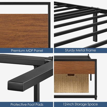 Queen Metal Platform Bed Frame with Rustic Wooden Headboard and Footboard, Mattress Foundation/No Box Spring Needed/12 Inch Underbed Storage/Slats Support/No Noise/Easy Assembly, Walnut