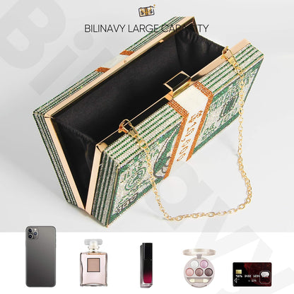 Money Clutch Purses for Women, Stack of Cash Dollars Crystal Clutch Purses, Women Diamond Evening Bags Party Cocktail Rhinestone Handbags, Wedding Dinner Bag, Green