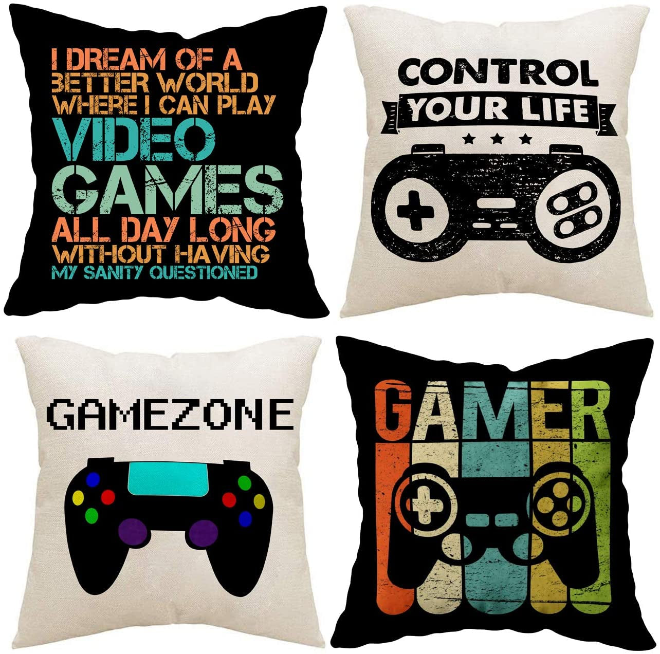 Gamer Game Controller Set of 4 Linen Square Throw Pillow Video Games Case Cushion Cover for Playroom Office Bed Sofa Decor 18"X 18"
