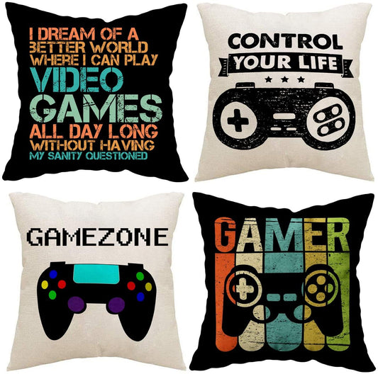 Gamer Game Controller Set of 4 Linen Square Throw Pillow Video Games Case Cushion Cover for Playroom Office Bed Sofa Decor 18"X 18"