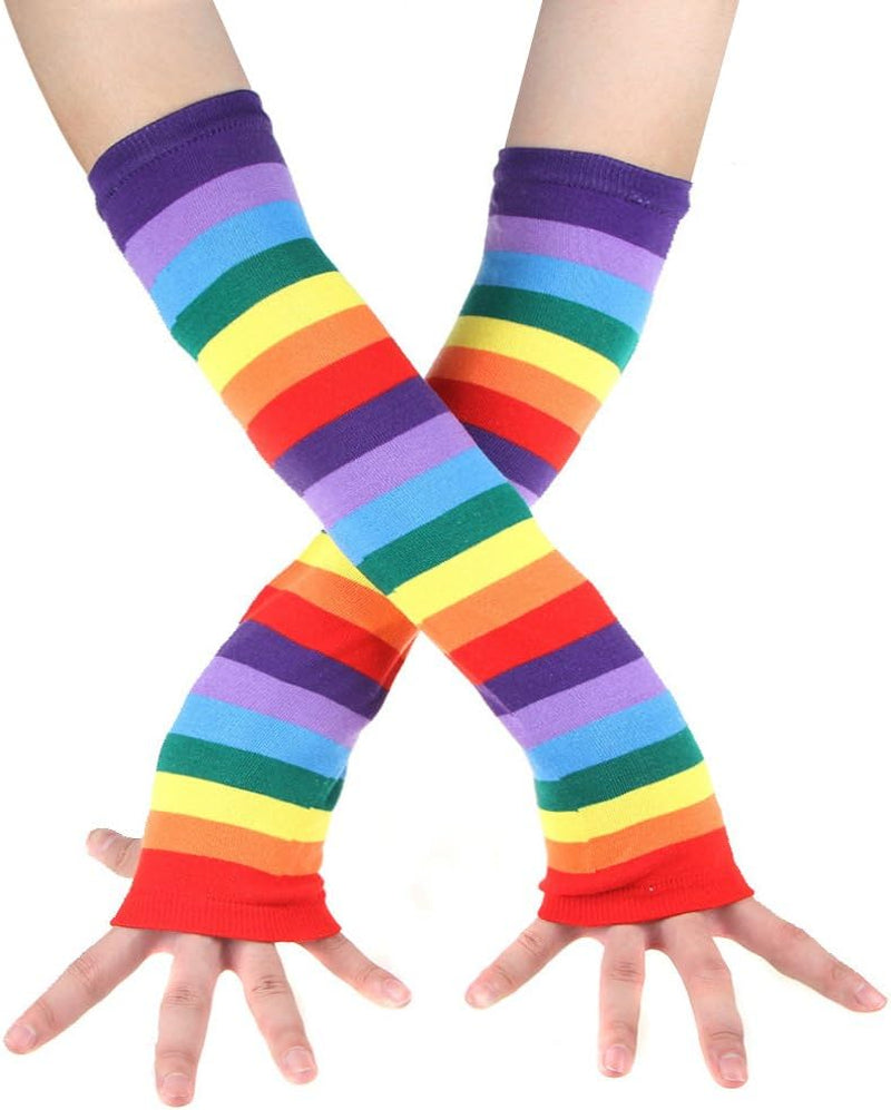 Womens Rainbow Socks Striped Knee High Socks Arm Warmer Fingerless Gloves Set