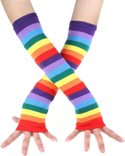 Womens Rainbow Socks Striped Knee High Socks Arm Warmer Fingerless Gloves Set