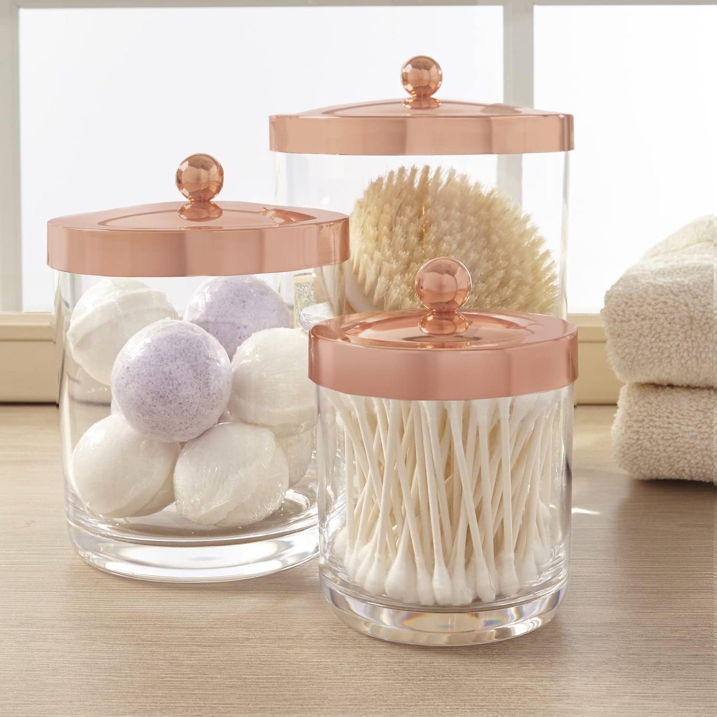 3-Pack Premium Quality Qtip and Cotton Ball Holders | 15-Oz to 60-Oz Clear Plastic Apothecary Jars with Matte Rose Gold Lids | Perfect Containers for Bathroom and Vanity