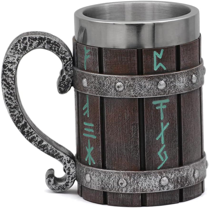 Norse Decor Stainless Steel Wooden Viking Coffee Cool Mug Viking Gift for Men Beer Cup Stein