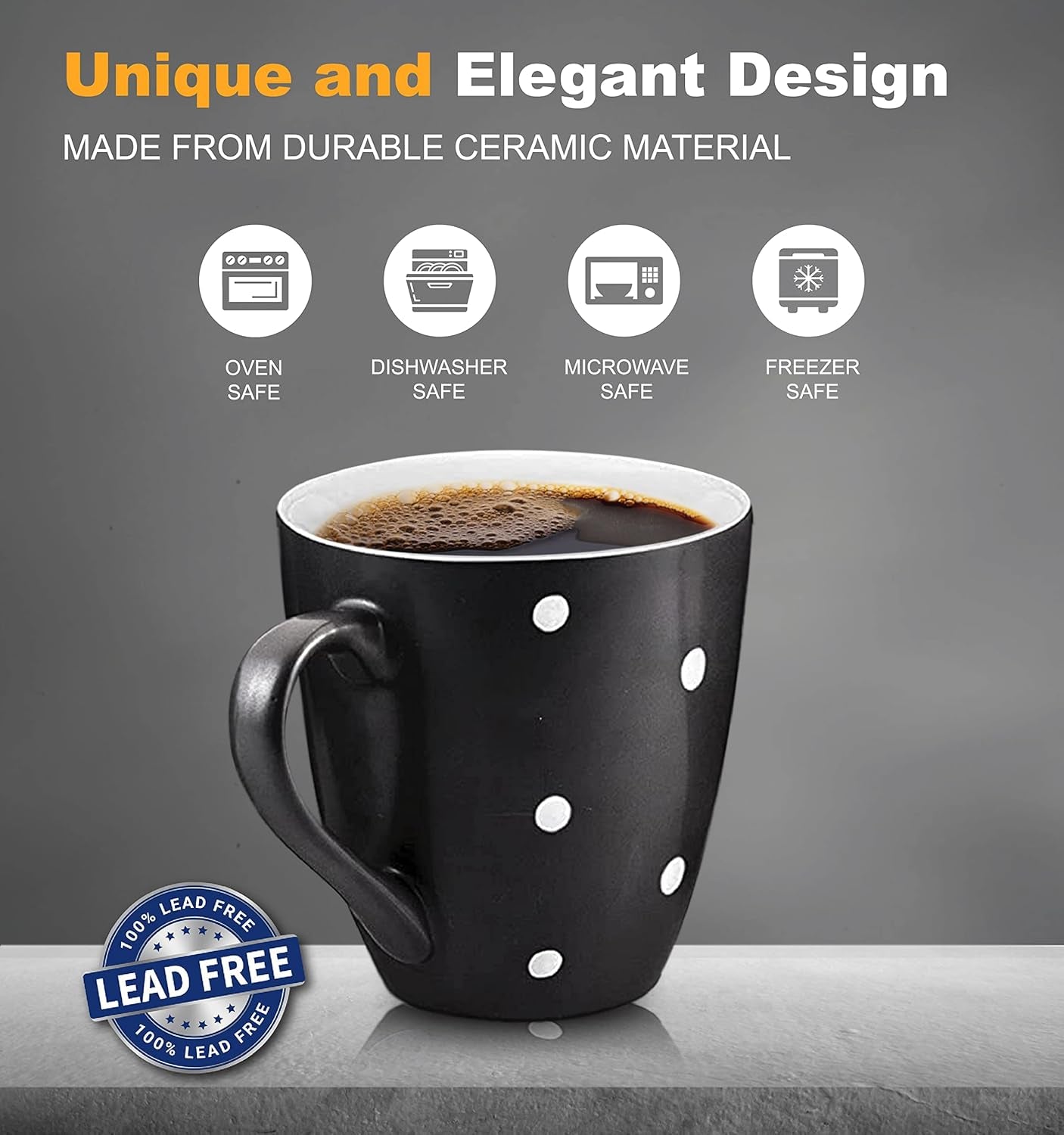 16 Oz Polka Dot Coffee Mug Set of 6, Large 16 Ounce Ceramic Mugcup Set in Black Polka Dot Design, Best Coffee Mug for Your Gift