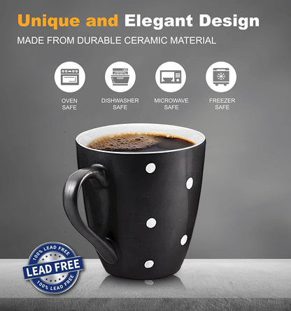 16 Oz Polka Dot Coffee Mug Set of 6, Large 16 Ounce Ceramic Mugcup Set in Black Polka Dot Design, Best Coffee Mug for Your Gift
