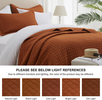 Quilt Set King Brunt Orange, Lightweight Comforter Bedspread Soft Reversible Coverlet King Size for All Season 3Pcs Rust Diamond Quilted Bedding Sets Bed Cover (1 Quilt 2 Pillow Shams)