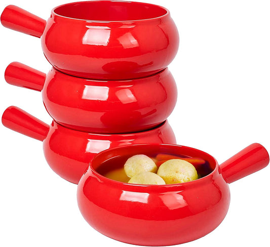 17 Oz round Soup Bowl with Handle Set of 4, 17 Ounce Small French Onion Soup Crocks in Red Color for Kitchen or Dinner Table Decoration