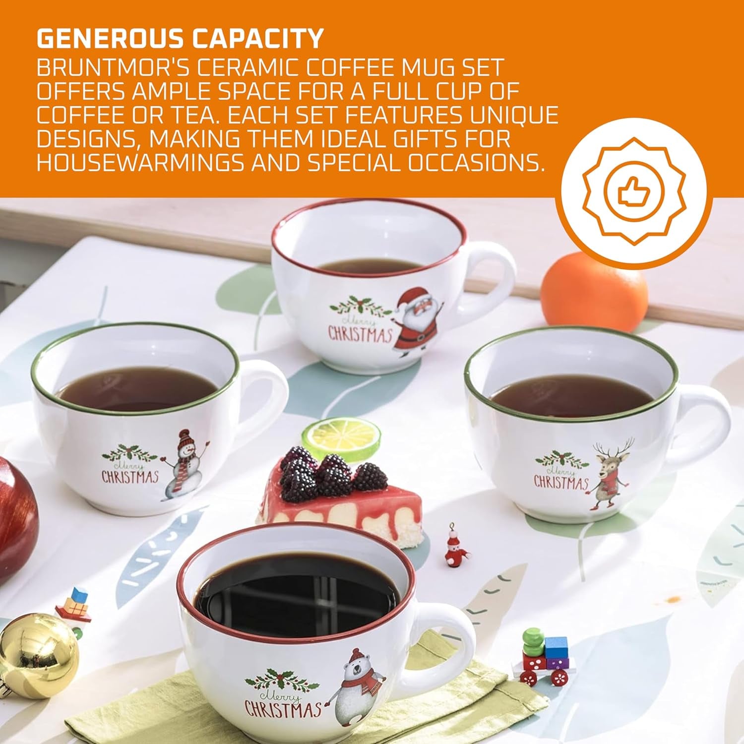 24 Oz Porcleian Ceramic Jumbo Coffee Mug Set of 4, Oversized Coffee Mugs in White Christmas Theme, Ideal for Coffee, Soup Mugs with Handles and Lids Microwave Safe, Birthday and Wedding Gifts