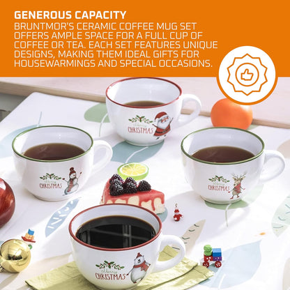 24 Oz Porcleian Ceramic Jumbo Coffee Mug Set of 4, Oversized Coffee Mugs in White Christmas Theme, Ideal for Coffee, Soup Mugs with Handles and Lids Microwave Safe, Birthday and Wedding Gifts