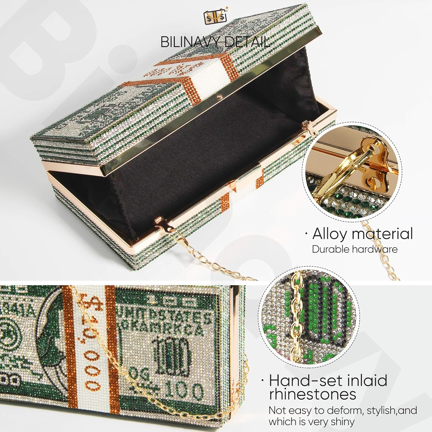 Money Clutch Purses for Women, Stack of Cash Dollars Crystal Clutch Purses, Women Diamond Evening Bags Party Cocktail Rhinestone Handbags, Wedding Dinner Bag, Green