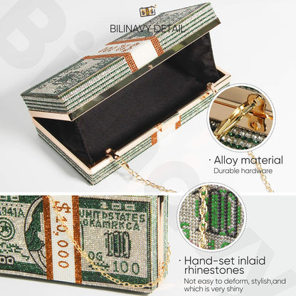Money Clutch Purses for Women, Stack of Cash Dollars Crystal Clutch Purses, Women Diamond Evening Bags Party Cocktail Rhinestone Handbags, Wedding Dinner Bag, Green