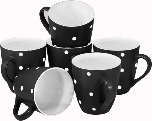 16 Oz Polka Dot Coffee Mug Set of 6, Large 16 Ounce Ceramic Mugcup Set in Black Polka Dot Design, Best Coffee Mug for Your Gift