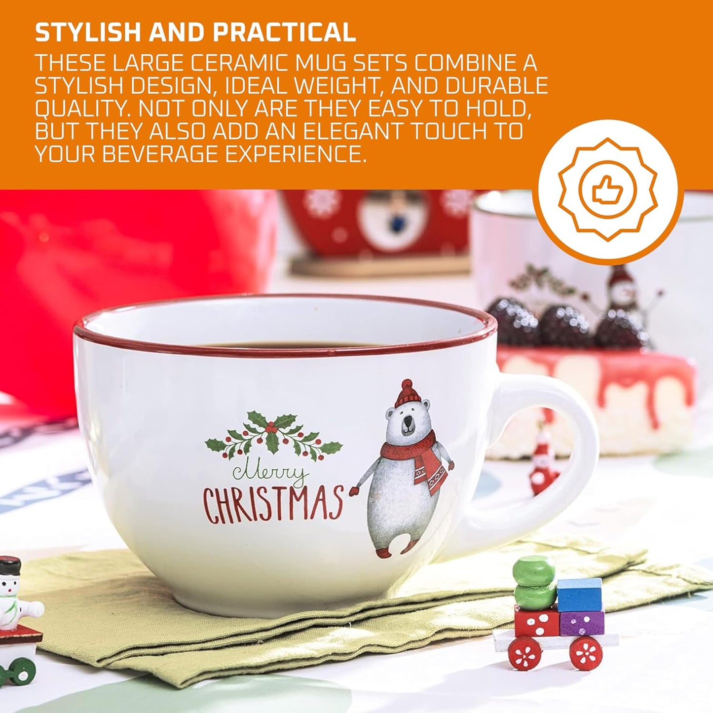 24 Oz Porcleian Ceramic Jumbo Coffee Mug Set of 4, Oversized Coffee Mugs in White Christmas Theme, Ideal for Coffee, Soup Mugs with Handles and Lids Microwave Safe, Birthday and Wedding Gifts