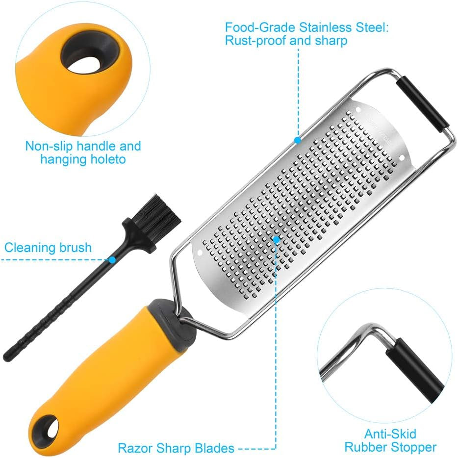 Pro Zester Grater, Lemon Zester, Parmesan, Ginger, Garlic, Chocolate, with Razor-Sharp Stainless Steel Blade, Protective Cover and Cleaning Brush, Dishwasher Safe, by