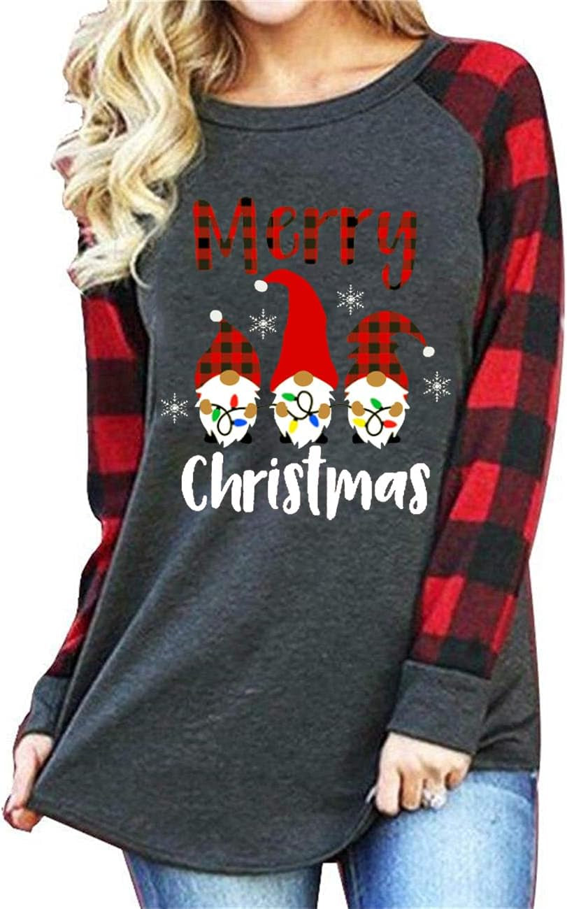 Christmas Shirts for Women: Gnomes Plaid T-Shirt Xmas Long Sleeve Raglan Tee Holiday Vacation Pullover Tops