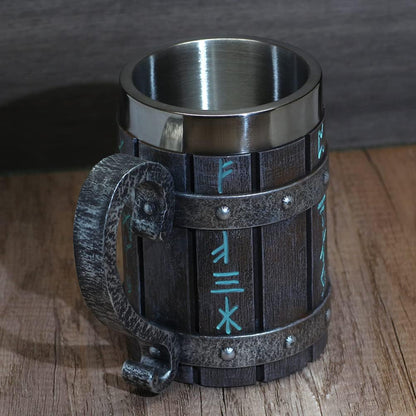 Norse Decor Stainless Steel Wooden Viking Coffee Cool Mug Viking Gift for Men Beer Cup Stein
