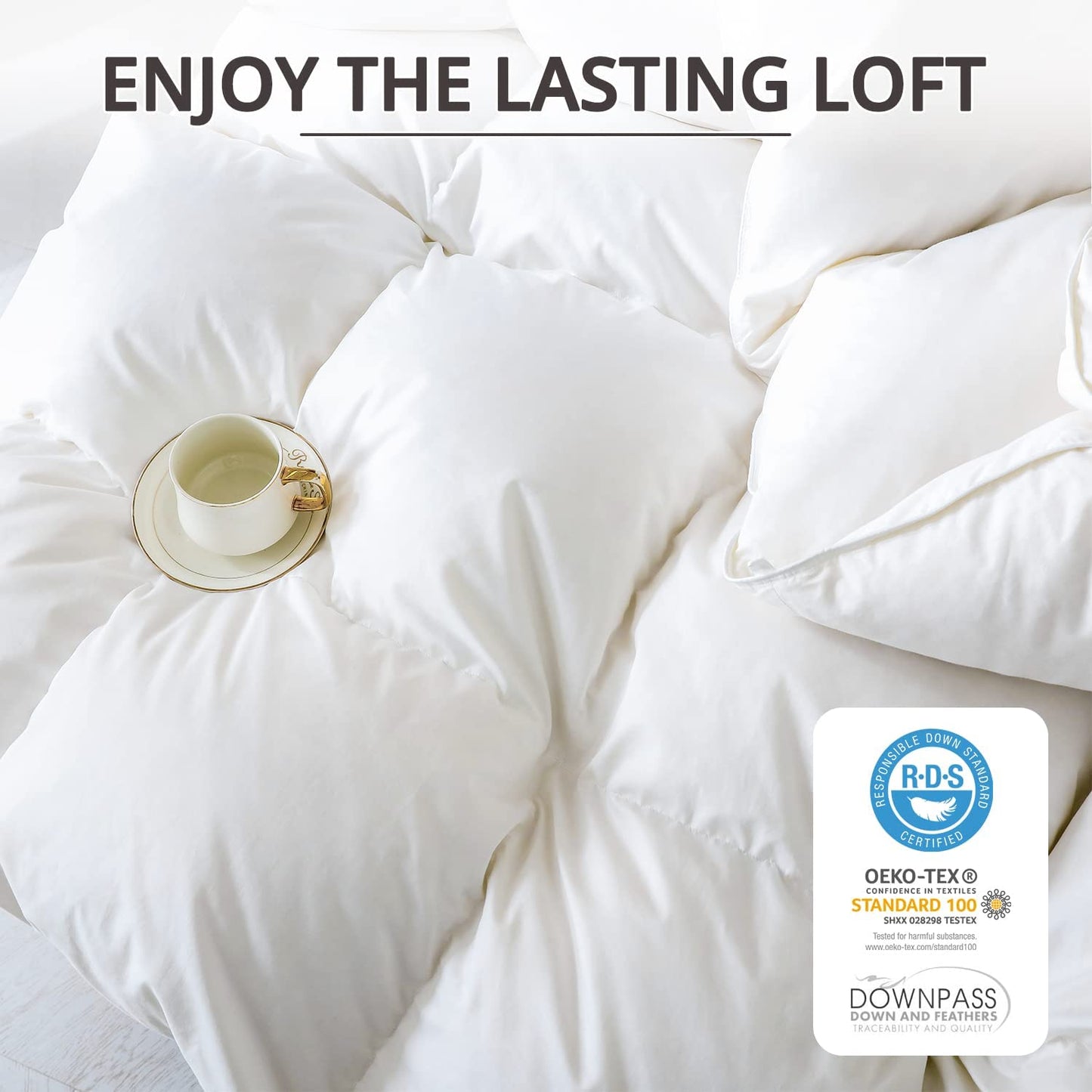 King Size down Comforter - All Season Duvet Insert with Medium Warmth, Soft and Noiseless Shell,8 Corner Tabs, and Machine Washable - White