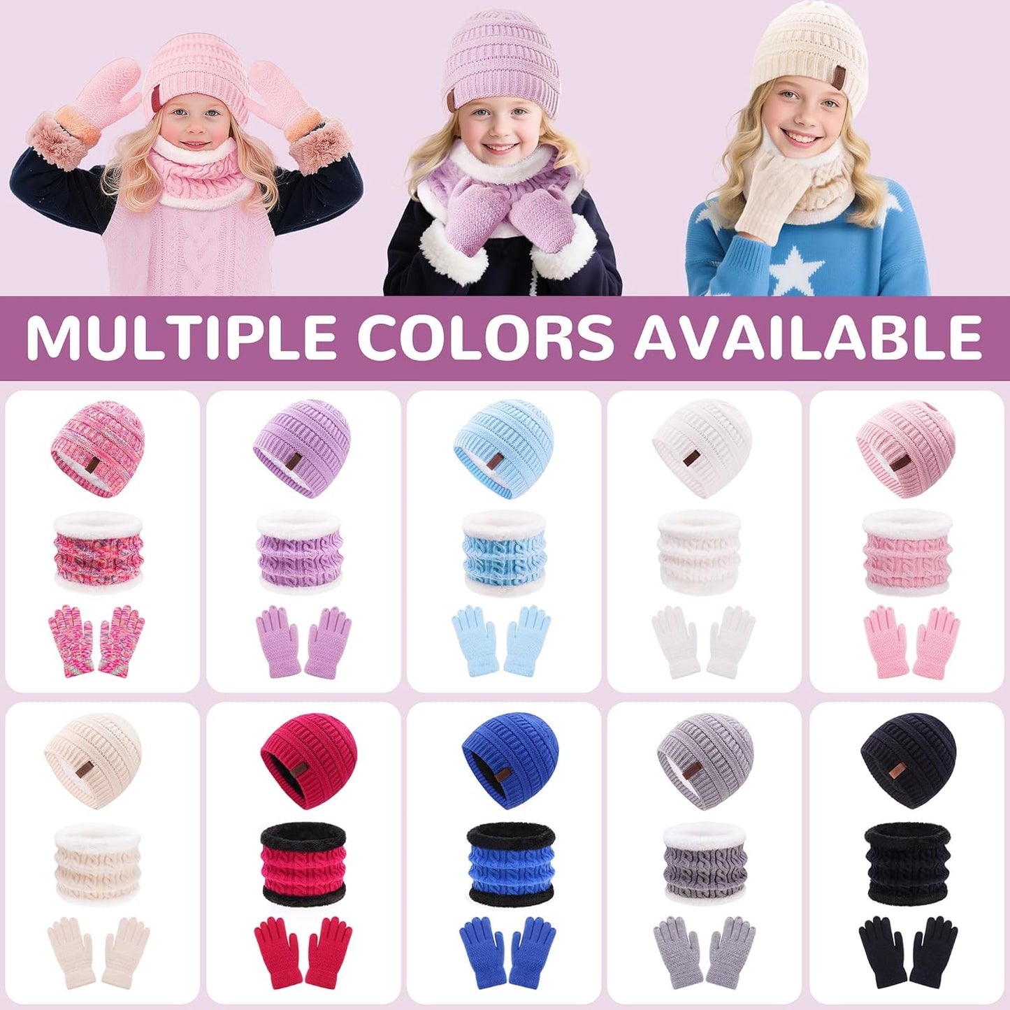 3Pcs Kids Winter Beanie Hat Scarf Gloves Set for 2-6-10-14 Years Old Boys Girls, Knit Thick Warm Fleece Lined Thermal Sets