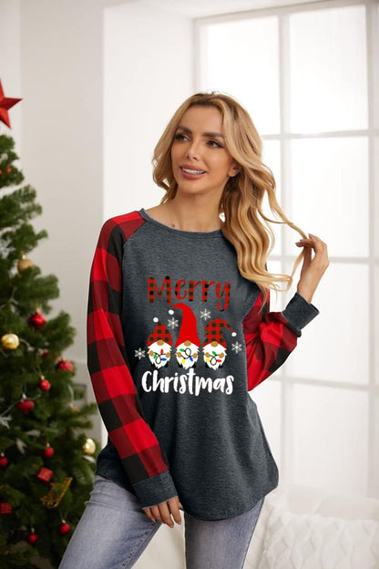 Christmas Shirts for Women: Gnomes Plaid T-Shirt Xmas Long Sleeve Raglan Tee Holiday Vacation Pullover Tops