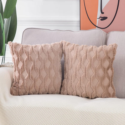 Set of 2 Soft Polyester Short Wool Velvet Decorative Throw Pillow Covers 26X26 Inch Light Brown Square Luxury Style Cushion Cases European Pillow Shell for Sofa Bedroom