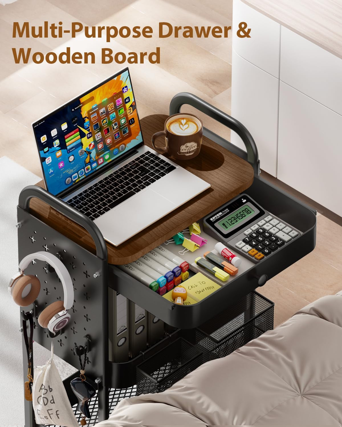 Rolling Cart with Drawer and Wood Table Top, 3 Tier Metal Rolling Utility Cart on Wheels with DIY Pegboards, Hanging Baskets, Hooks for Bedroom,Office,Craft Supplies (Black)