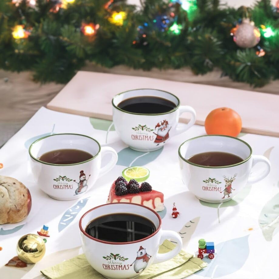 24 Oz Porcleian Ceramic Jumbo Coffee Mug Set of 4, Oversized Coffee Mugs in White Christmas Theme, Ideal for Coffee, Soup Mugs with Handles and Lids Microwave Safe, Birthday and Wedding Gifts