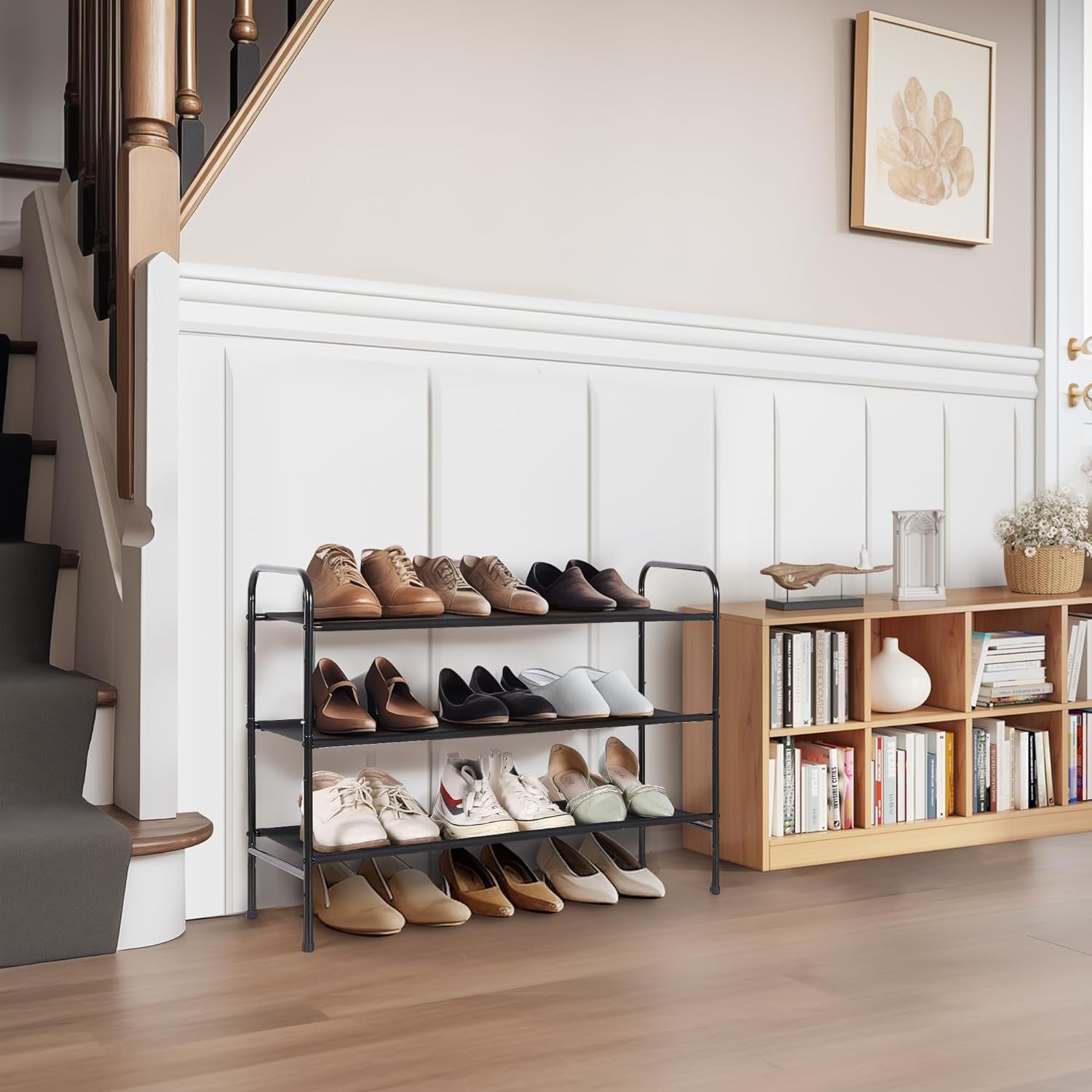 3 Tier Free Standing Shoe Rack, Metal Shoe Storage Shelf for 9-12 Pairs, Easy to Assemble, Entryway, Bedroom, Black