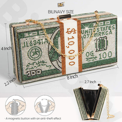 Money Clutch Purses for Women, Stack of Cash Dollars Crystal Clutch Purses, Women Diamond Evening Bags Party Cocktail Rhinestone Handbags, Wedding Dinner Bag, Green