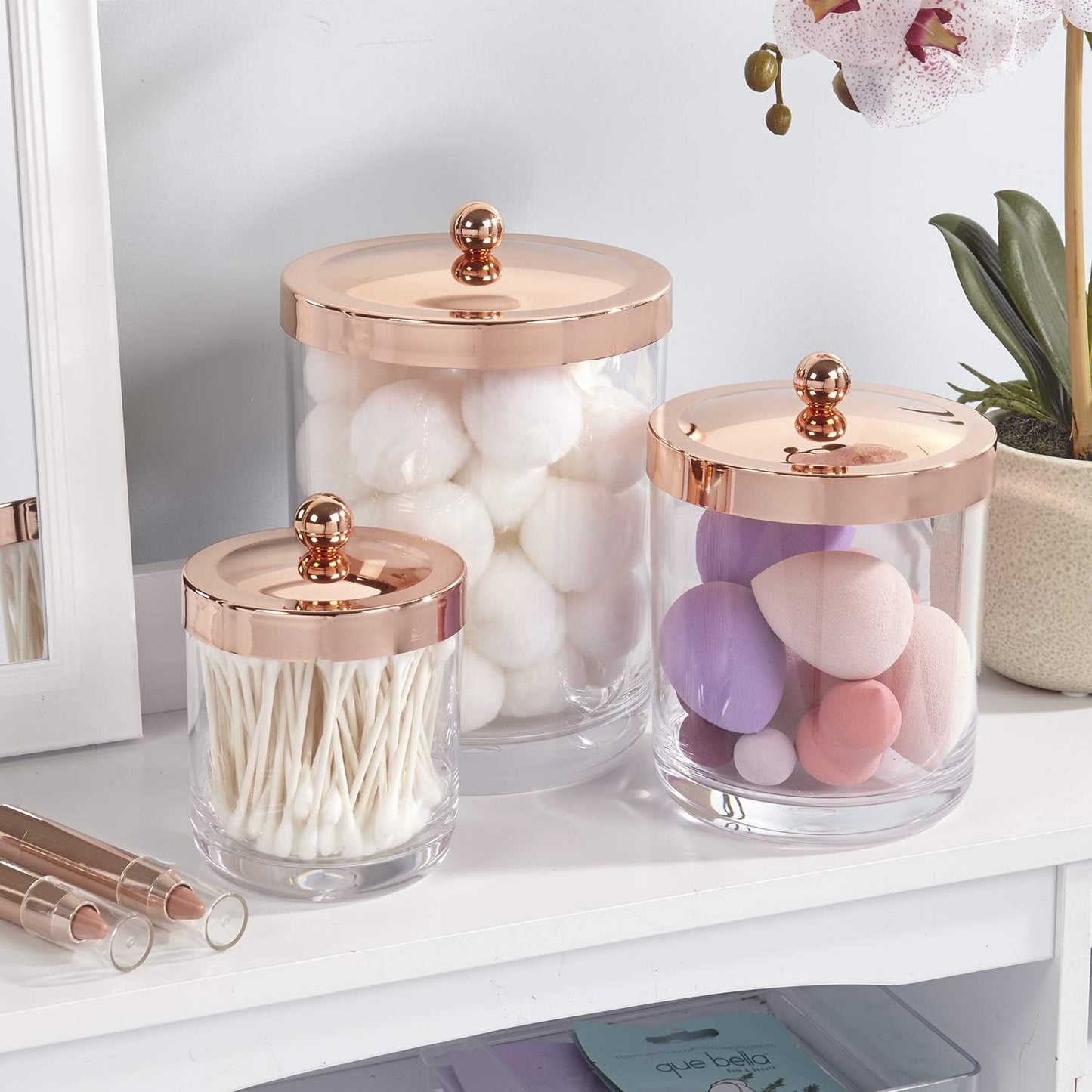 3-Pack Premium Quality Qtip and Cotton Ball Holders | 15-Oz to 60-Oz Clear Plastic Apothecary Jars with Matte Rose Gold Lids | Perfect Containers for Bathroom and Vanity