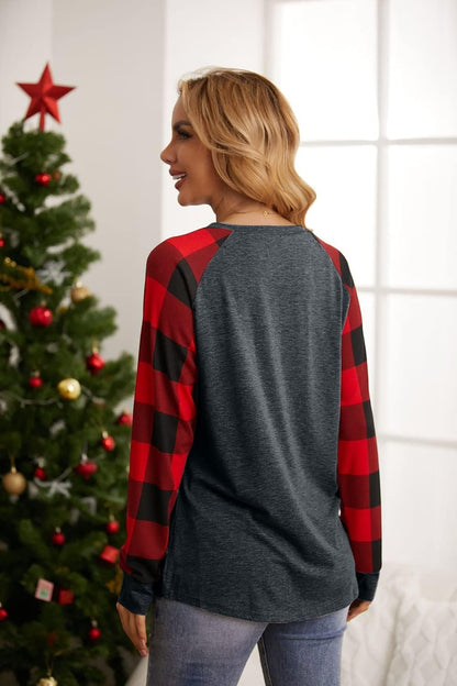 Christmas Shirts for Women: Gnomes Plaid T-Shirt Xmas Long Sleeve Raglan Tee Holiday Vacation Pullover Tops
