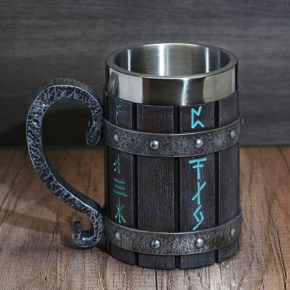 Norse Decor Stainless Steel Wooden Viking Coffee Cool Mug Viking Gift for Men Beer Cup Stein