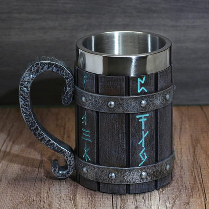 Norse Decor Stainless Steel Wooden Viking Coffee Cool Mug Viking Gift for Men Beer Cup Stein