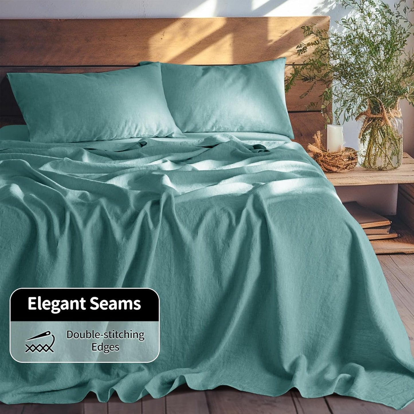 100% Linen Sheet Set Twin Size,Bed Sheets 3 Piece Sets,Solid Color Natural Flax Bed Sheets Soft Breathable Bedding,16" Deep Pocket,All Season (Twin, Aqua)