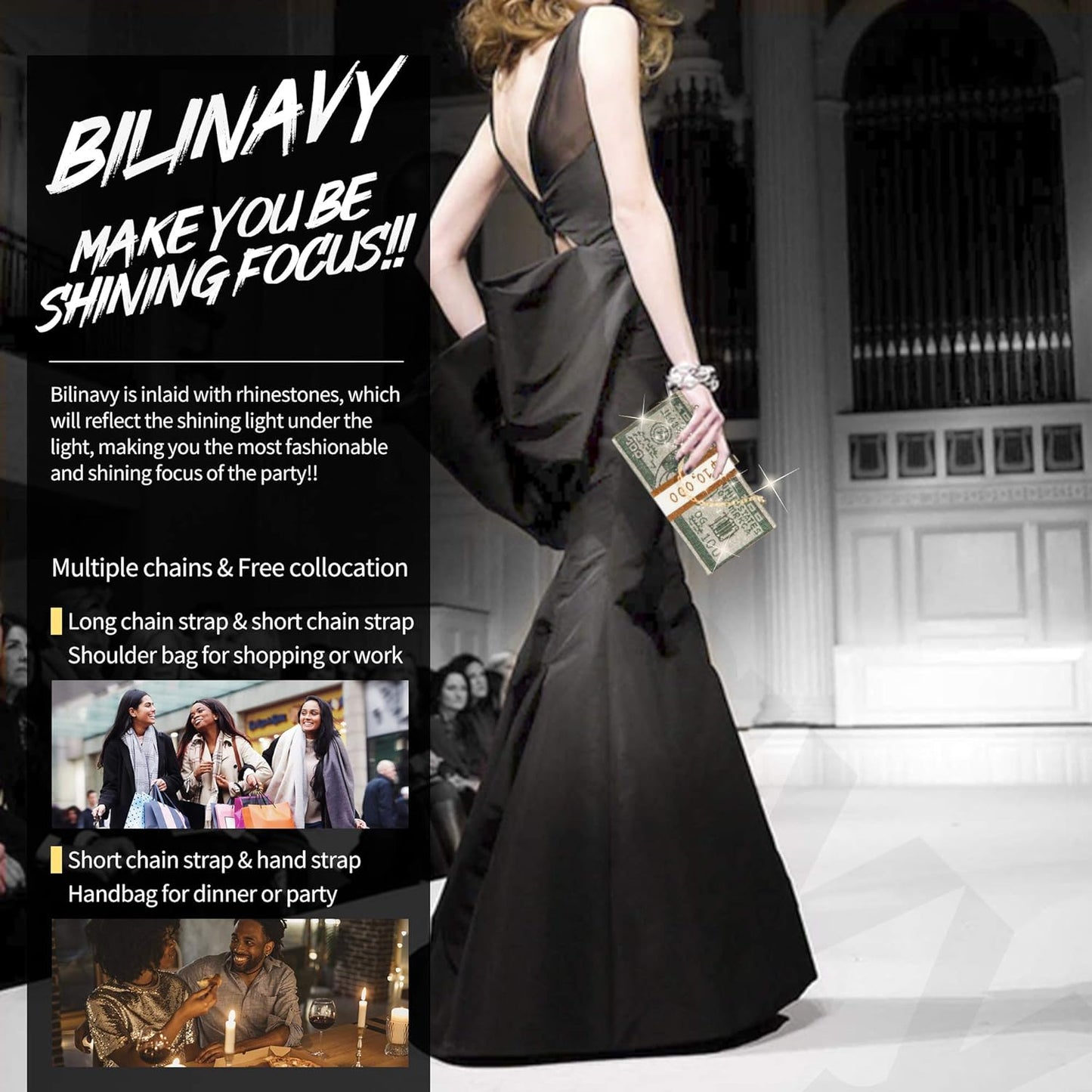 Money Clutch Purses for Women, Stack of Cash Dollars Crystal Clutch Purses, Women Diamond Evening Bags Party Cocktail Rhinestone Handbags, Wedding Dinner Bag, Green