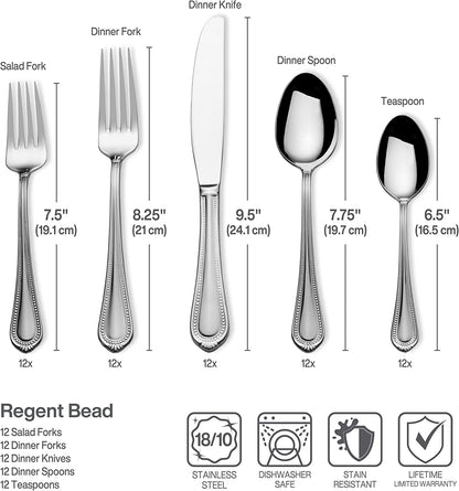 Regent Bead 65-Piece Flatware Set for 12, 18/10 Stainless Steel Silverware with Full Service and Serving Utensils, Classic Beaded Edge Design