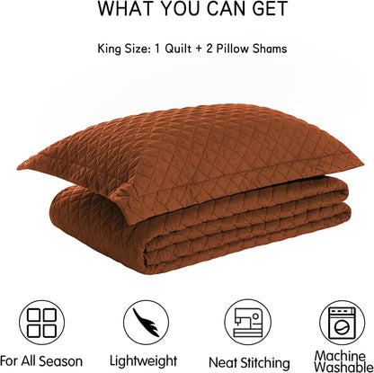 Quilt Set King Brunt Orange, Lightweight Comforter Bedspread Soft Reversible Coverlet King Size for All Season 3Pcs Rust Diamond Quilted Bedding Sets Bed Cover (1 Quilt 2 Pillow Shams)