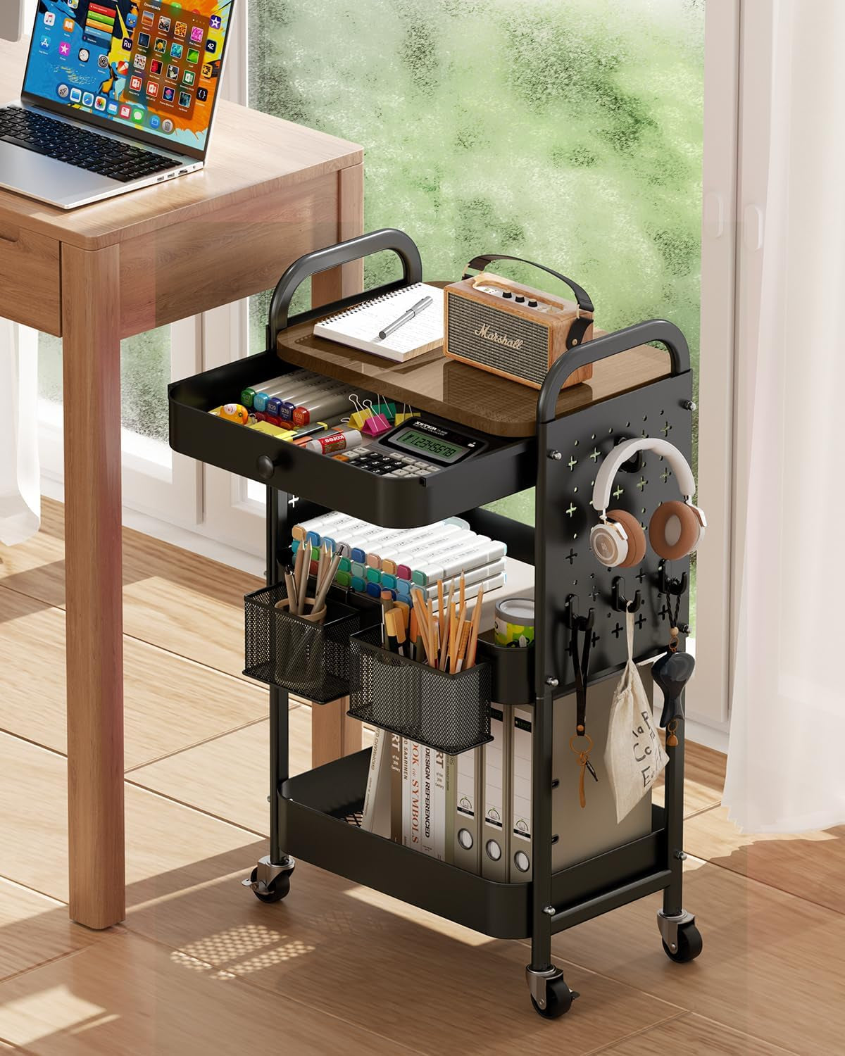 Rolling Cart with Drawer and Wood Table Top, 3 Tier Metal Rolling Utility Cart on Wheels with DIY Pegboards, Hanging Baskets, Hooks for Bedroom,Office,Craft Supplies (Black)