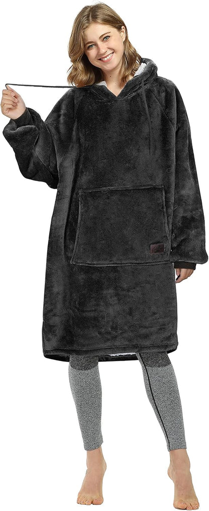 Women’S Sherpa Hoodie Sweatshirt Dress, Casual Snuggle Wearable Blanket Pullover Sweater with Kangaroo Pocket, Warm and Soft, Gift for Her