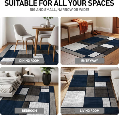 Modern Geometric Boxes Navy Area Rug, Fade-Resistant Carpet for Large Living Room, Bedroom, or Open Space, 10' X 14'