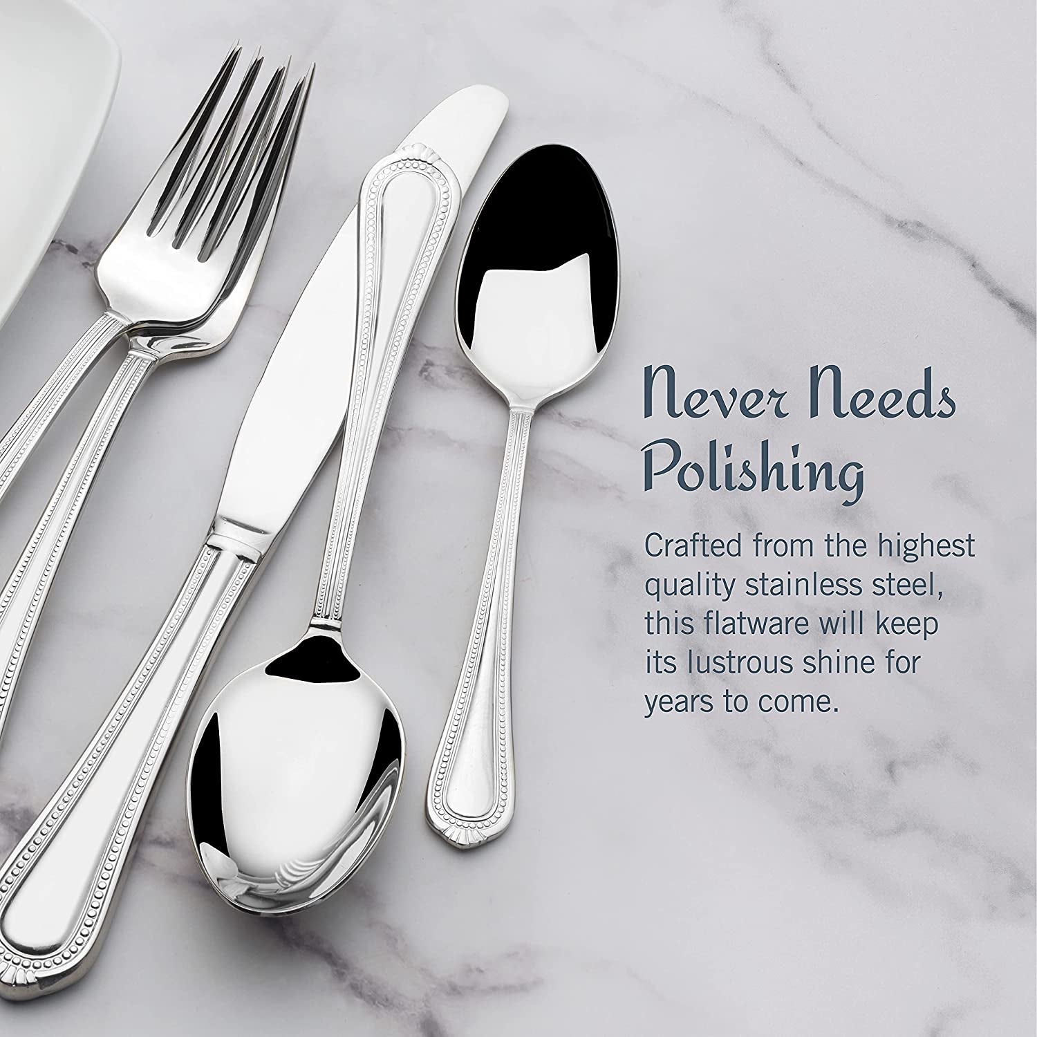 Regent Bead 65-Piece Flatware Set for 12, 18/10 Stainless Steel Silverware with Full Service and Serving Utensils, Classic Beaded Edge Design