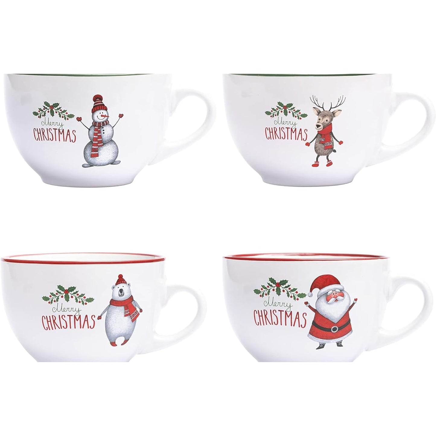 24 Oz Porcleian Ceramic Jumbo Coffee Mug Set of 4, Oversized Coffee Mugs in White Christmas Theme, Ideal for Coffee, Soup Mugs with Handles and Lids Microwave Safe, Birthday and Wedding Gifts